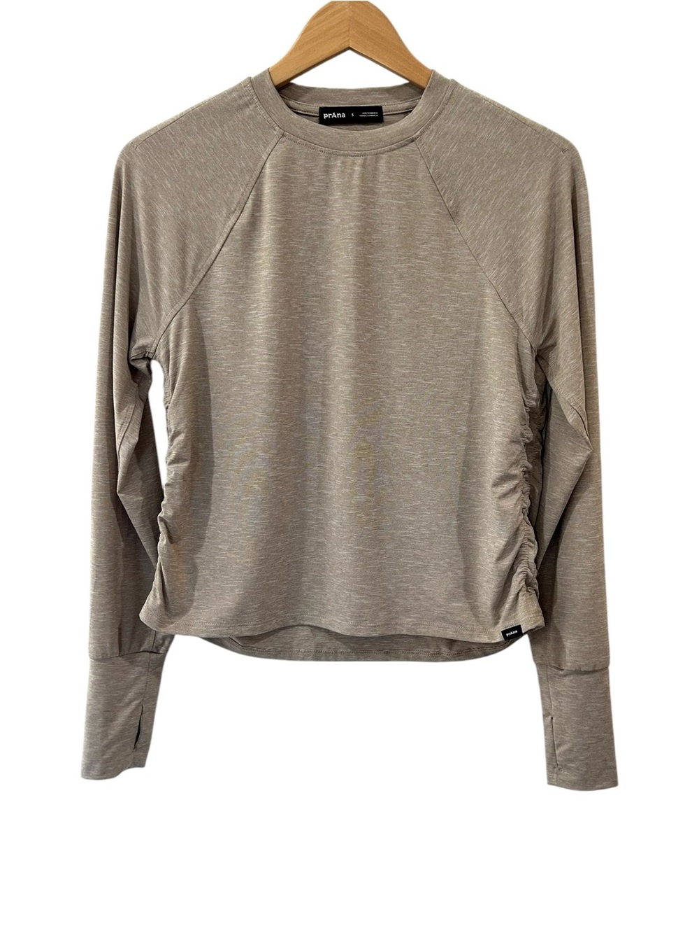 Prana Women’s Sol Searcher Long Sleeve top S shroom brown UPF 50 ruched